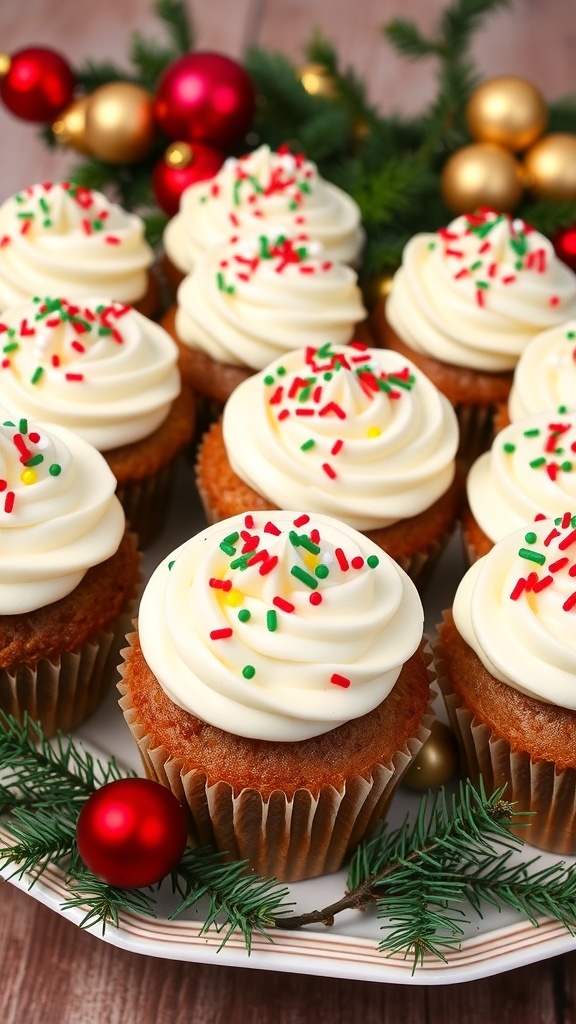 Festive Christmas cake cupcakes with cream cheese frosting and holiday sprinkles on a decorative platter.